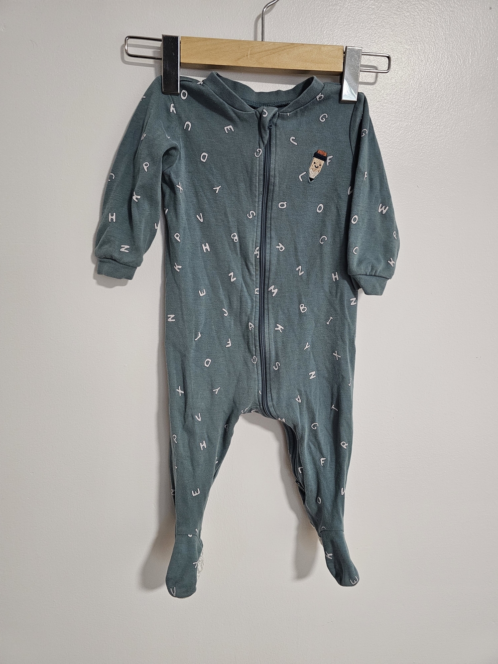 🧸4/20$ Pekkle 12M Baby Footed Zipper Pajamas Teal Alphabet Cotton